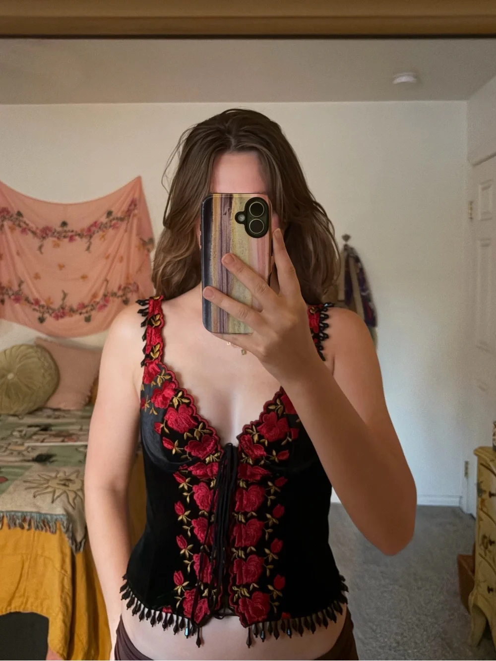 Victoria's Secret Black Bustier Camisole with Red Floral Embroidery - Picture 2 of 7